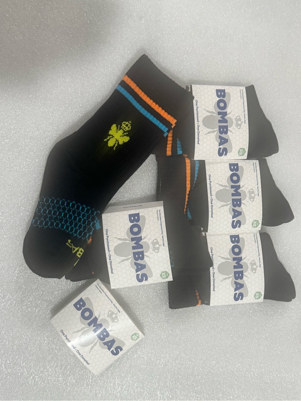 5 Pairs Bombas Kids Crew Athletic Socks - Black with Blue & Orange Stripes